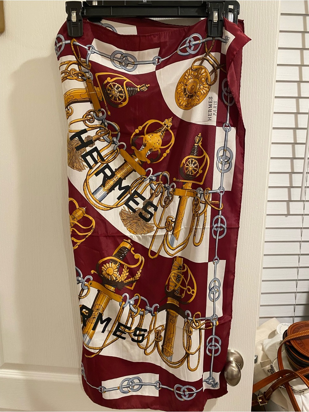 Hermès Burgundy, Gold & White Equestrian Motif Silk Scarf